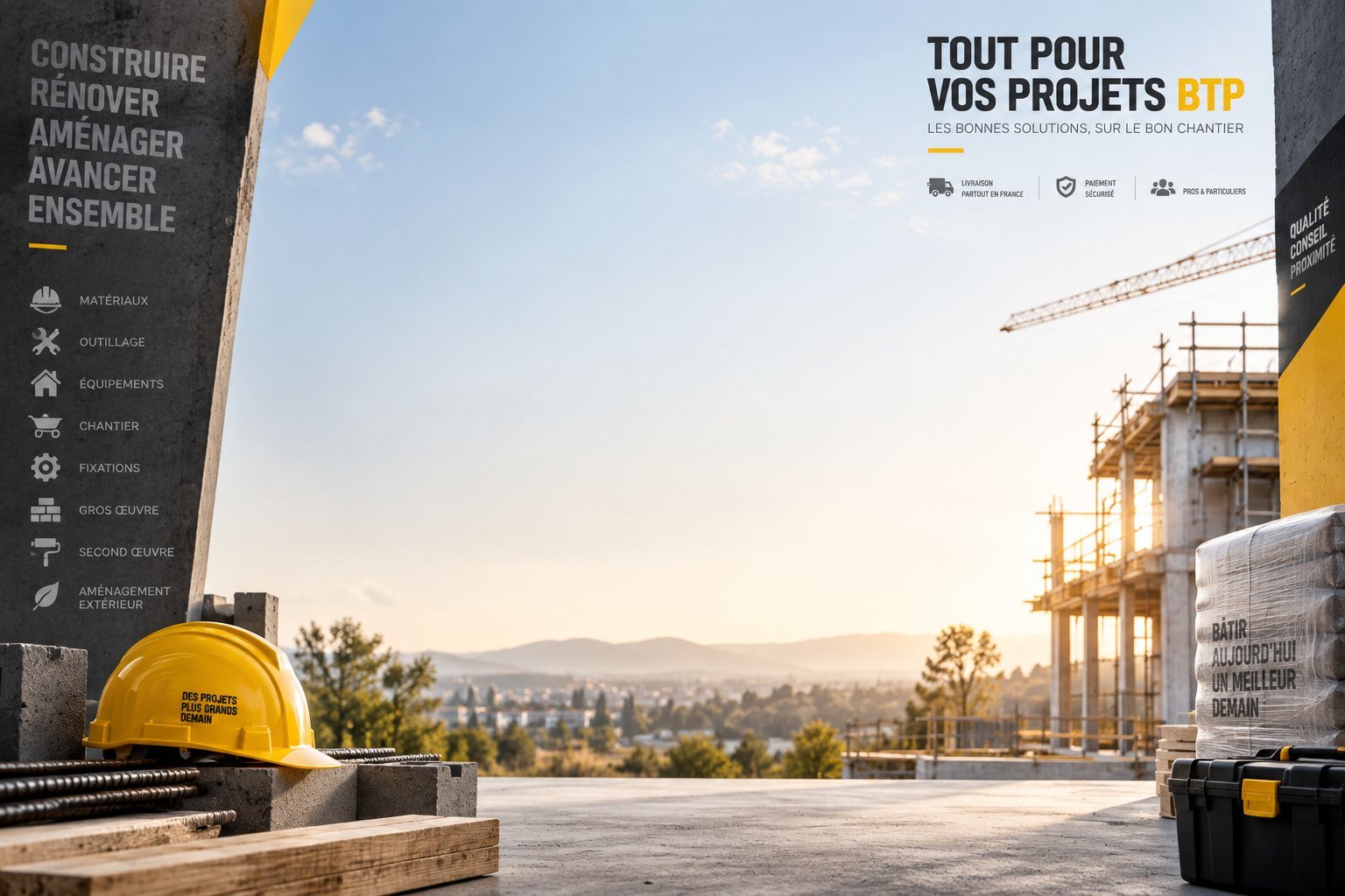 Chantier au lever du soleil : casque de chantier jaune, parpaings et fers à béton au premier plan, immeuble en construction sous échafaudage et grue à l'arrière-plan